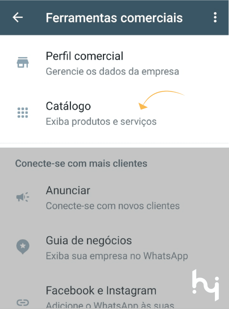  Imagem mostrando as ferramentas comerciais do WhatsApp Business, incluindo o perfil comercial e a opção de criação de catálogo.